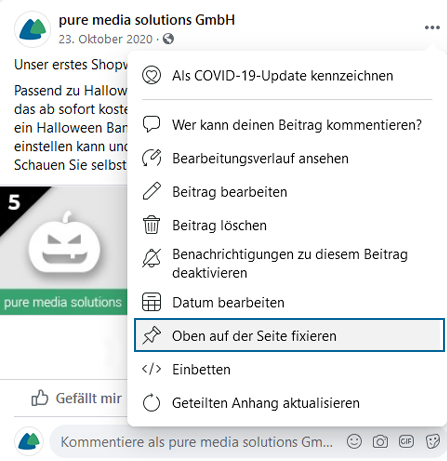 Facebook Beitrag fixieren