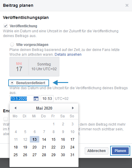 Beitrag planen Optionen
