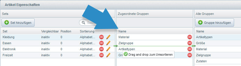 Eigenschaften neu anordnen im Shopware Backend