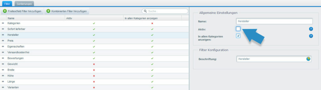 Shopware Backend Filteroption Hersteller deaktivieren