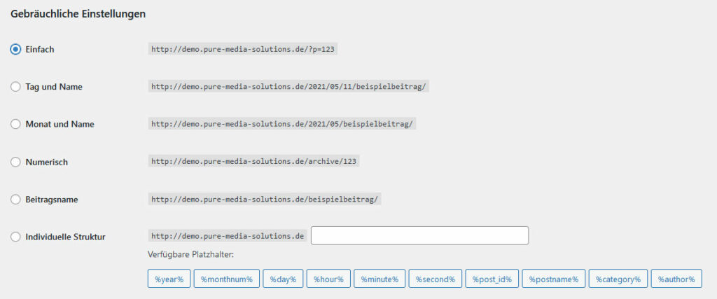 WordPress Backend: Einstellungen - Permalinks